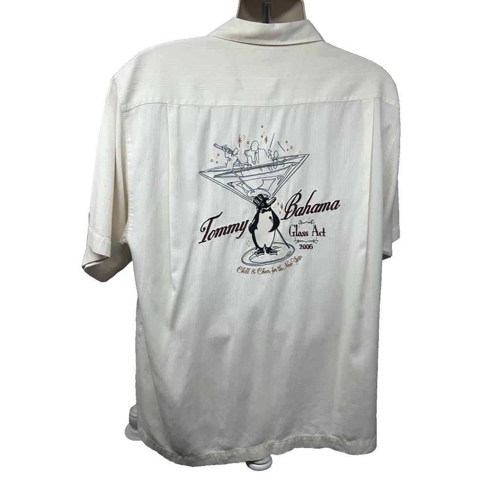 Tommy Bahama White Silk Button Up Shirt Large Pocket Happy New Year Cocktails